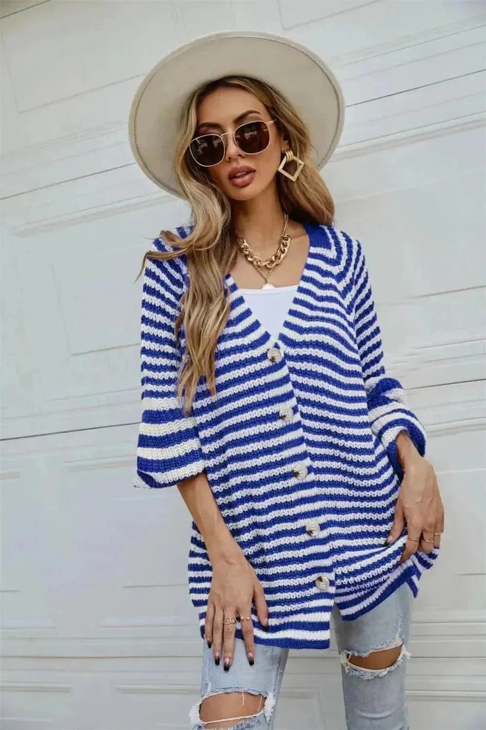 Striped Button Up Long Sleeve Cardigan - Bad Moms Club