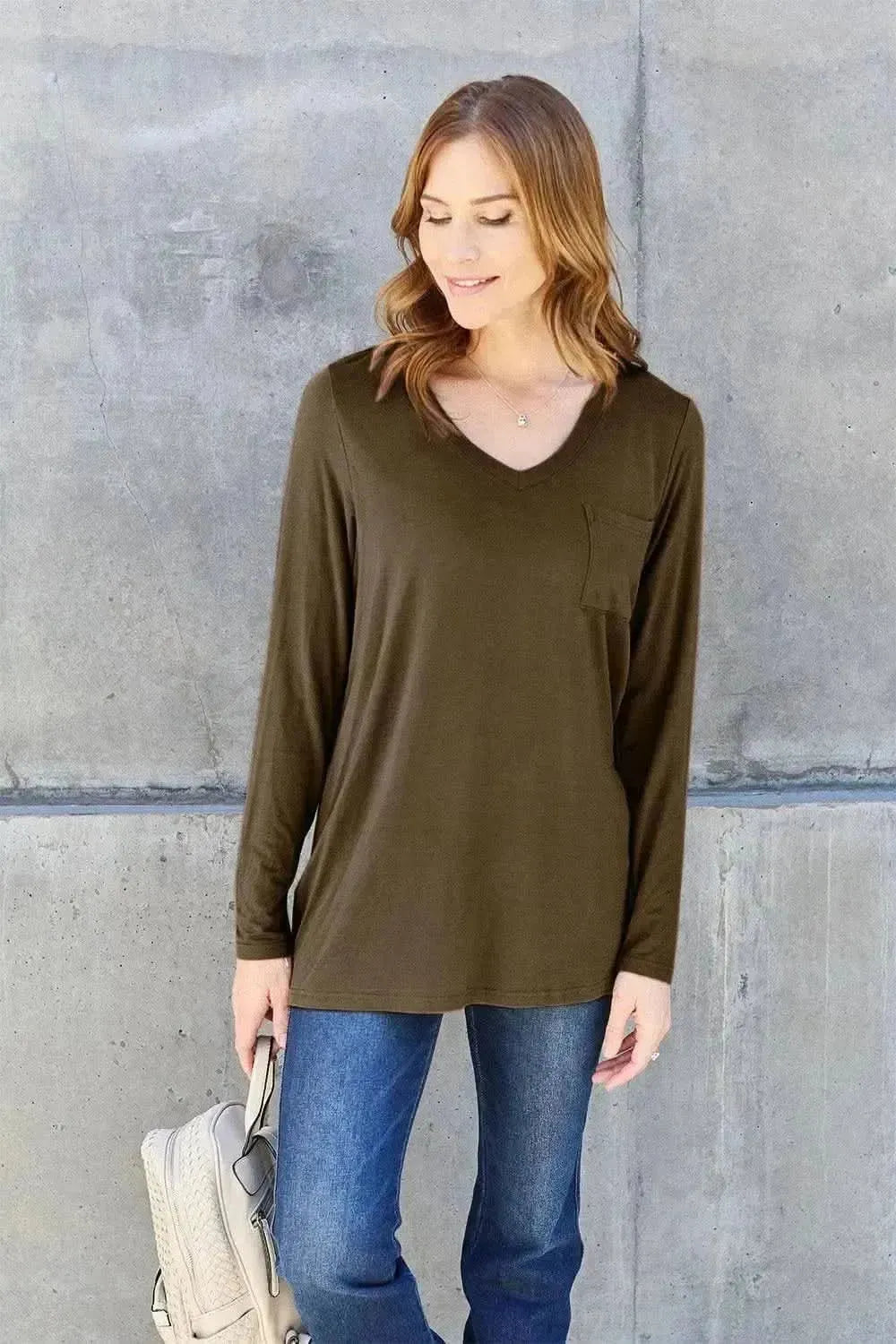 Basic Bae Full Size V-Neck Long Sleeve Top - Bad Moms Club