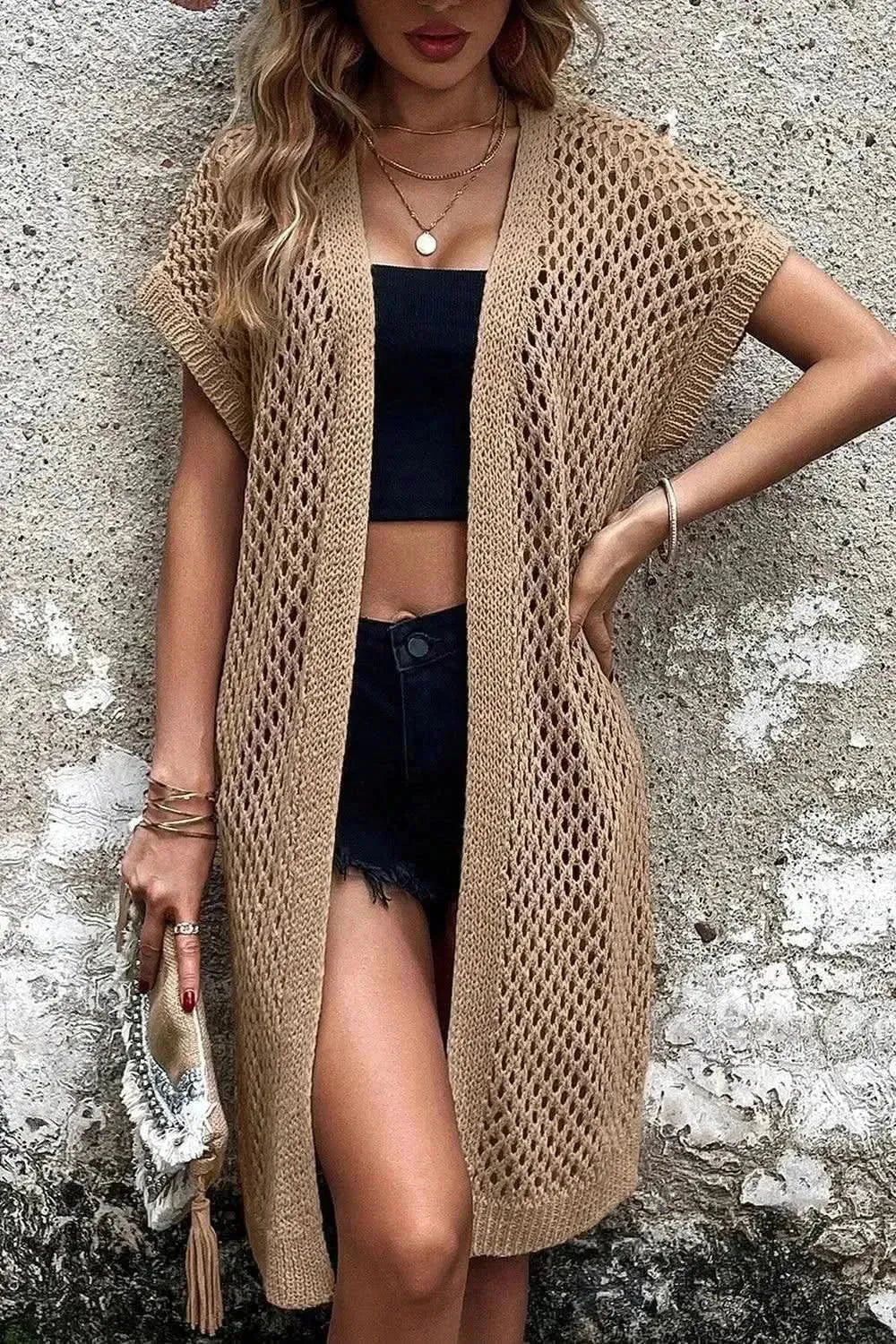 Openwork Open Front Short Sleeve Cardigan - Bad Moms Club