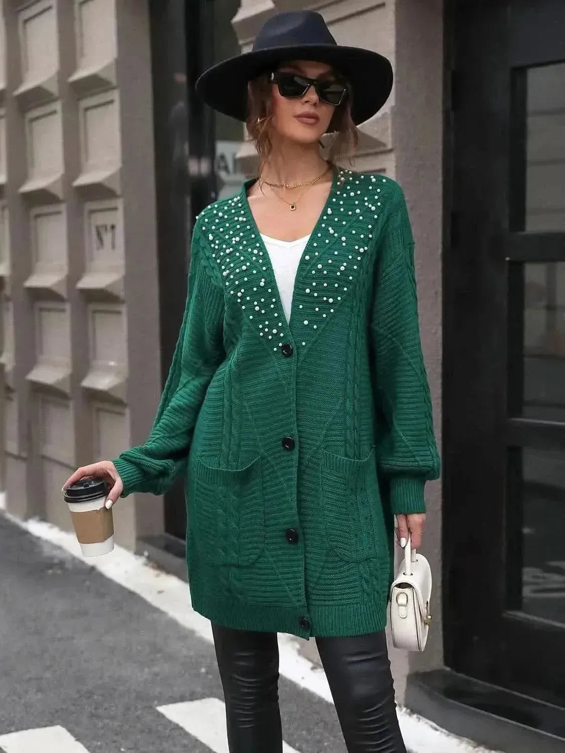 Pearl Detail Cable-Knit Button Up Cardigan - Bad Moms Club