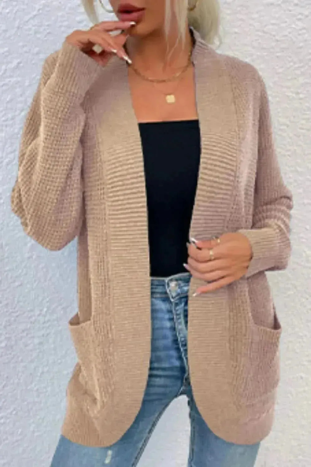 Open Front Rib-Knit Cardigan with Pockets - Bad Moms Club