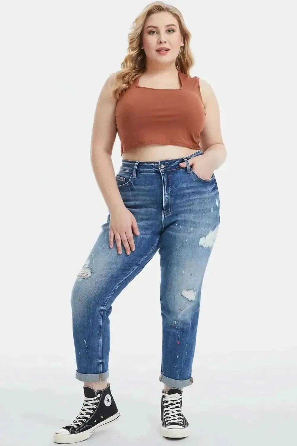 BAYEAS Full Size High Waist Distressed Paint Splatter Pattern Jeans - Bad Moms Club