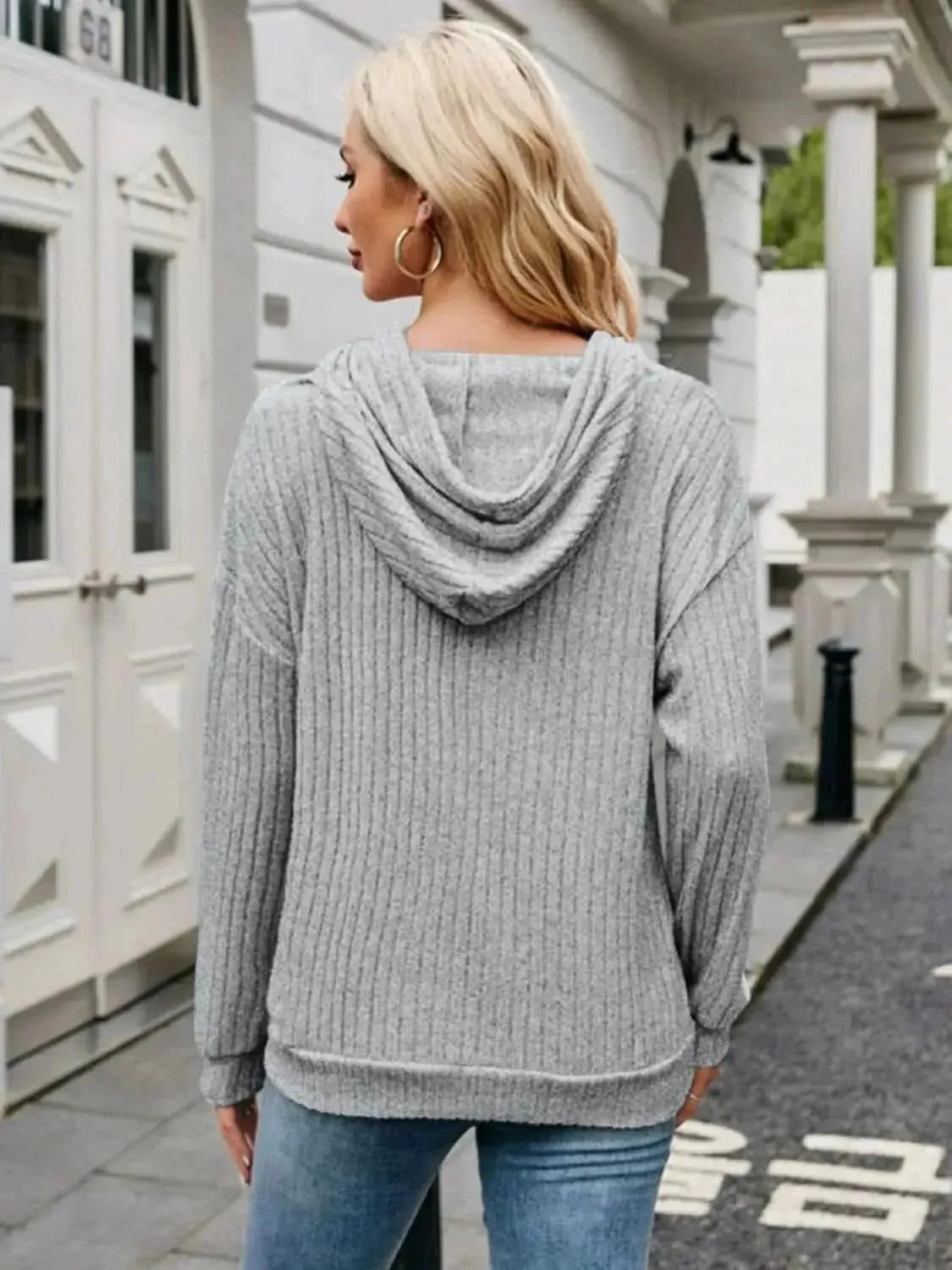 Ribbed Drawstring Long Sleeve Hoodie - Bad Moms Club