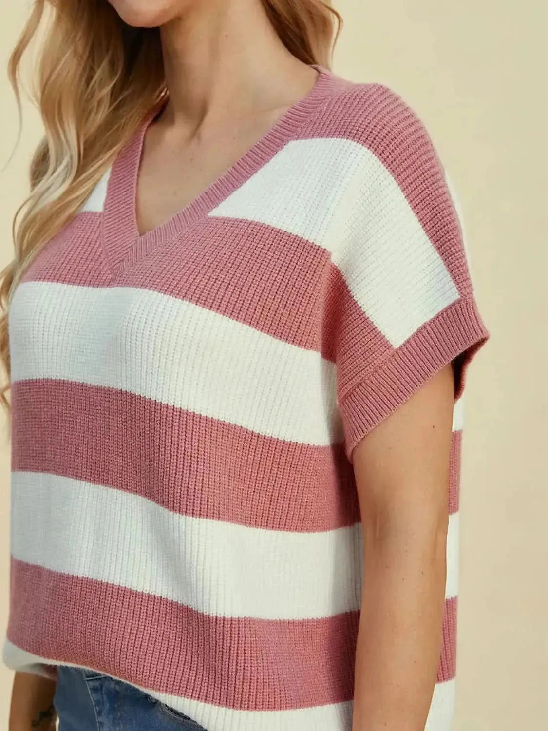 Double Take Full Size Striped V-Neck Short Sleeve Sweater - Bad Moms Club