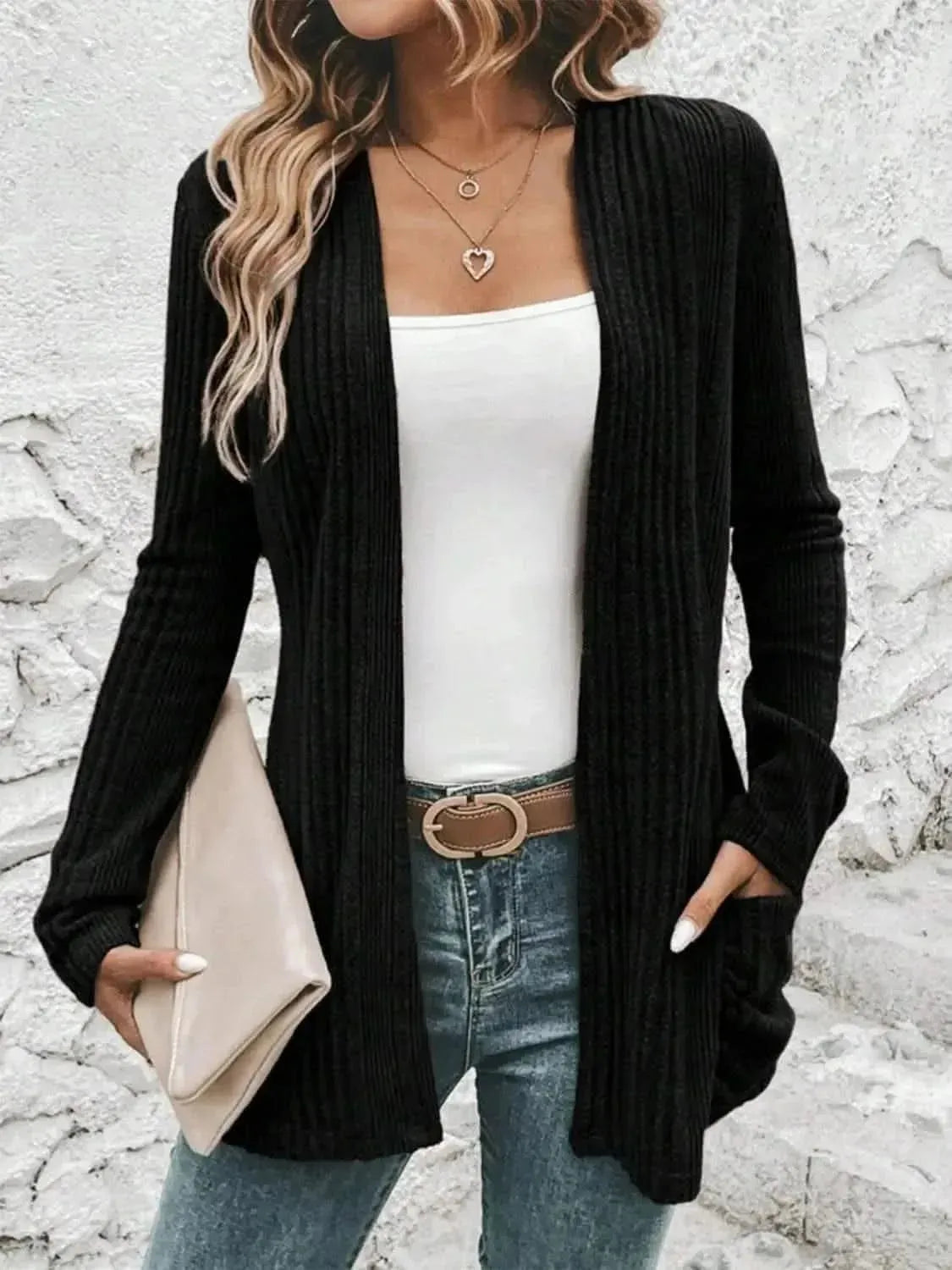Pocketed Open Front Long Sleeve Cardigan - Bad Moms Club