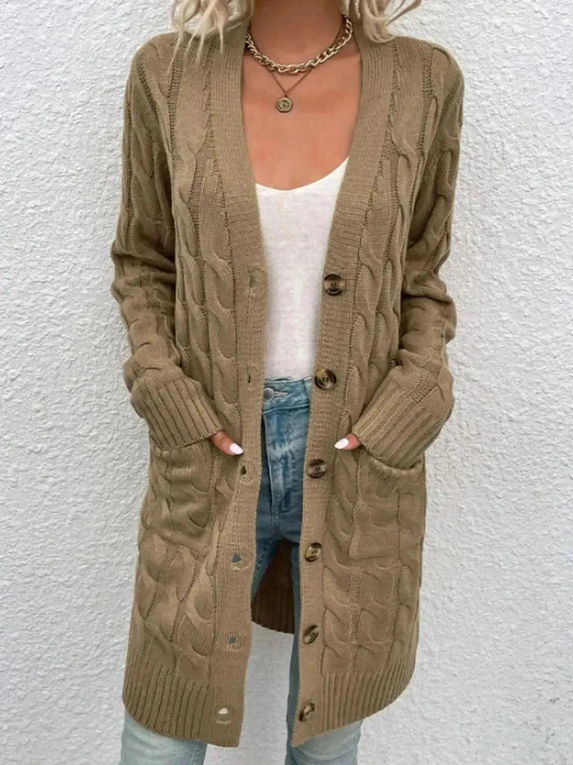 Cable-Knit Button Down Cardigan with Pockets - Bad Moms Club