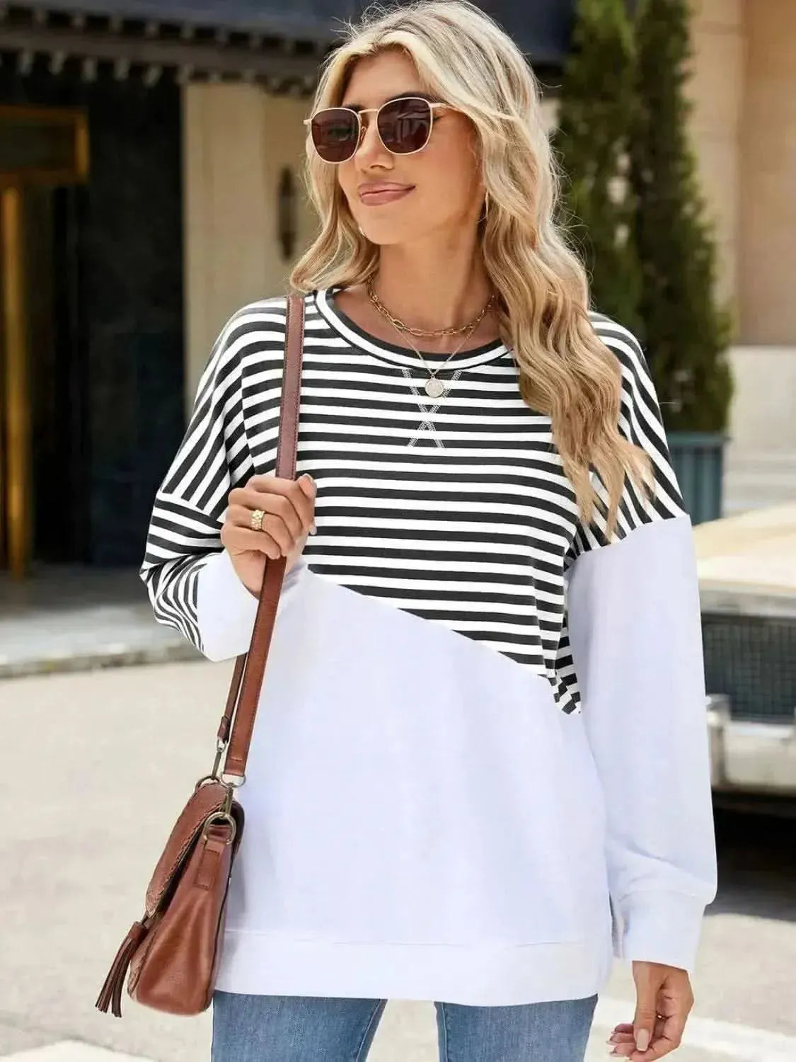 Slit Contrast Striped Long Sleeve Sweatshirt - Bad Moms Club