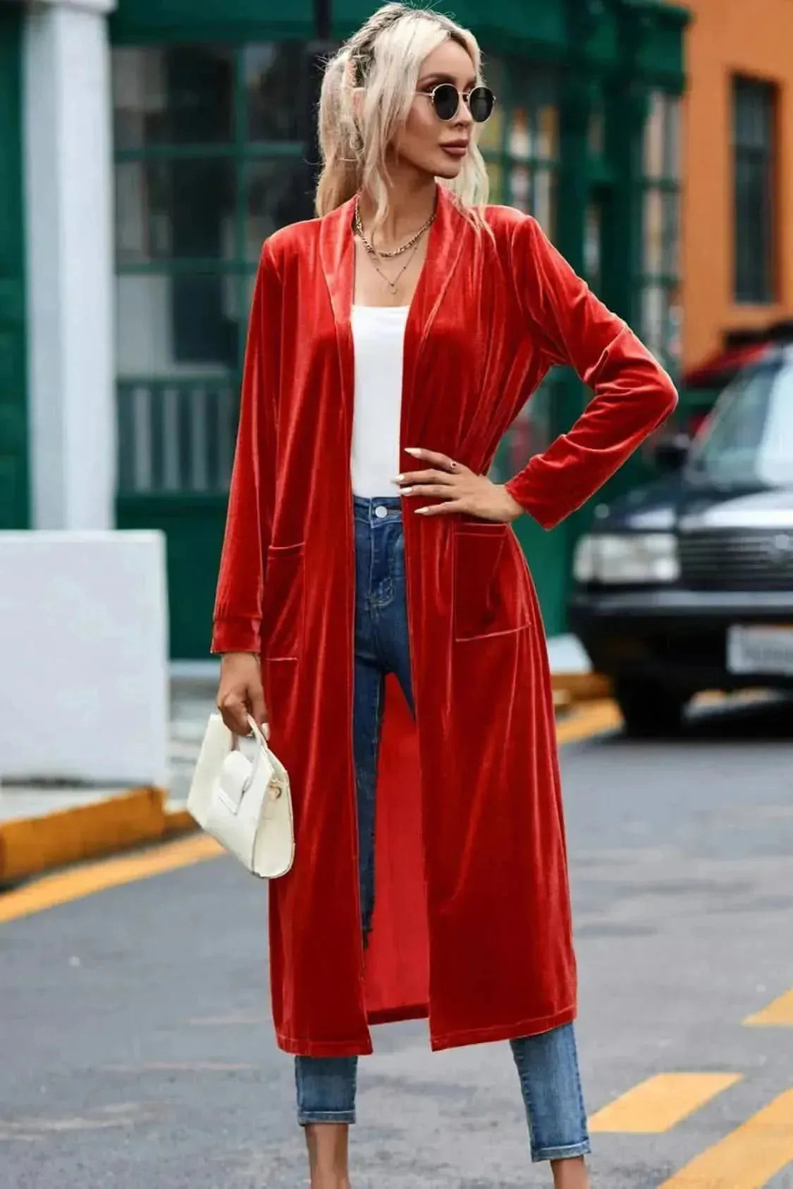 Velvet Open Front Long Cardigan with Pockets - Bad Moms Club