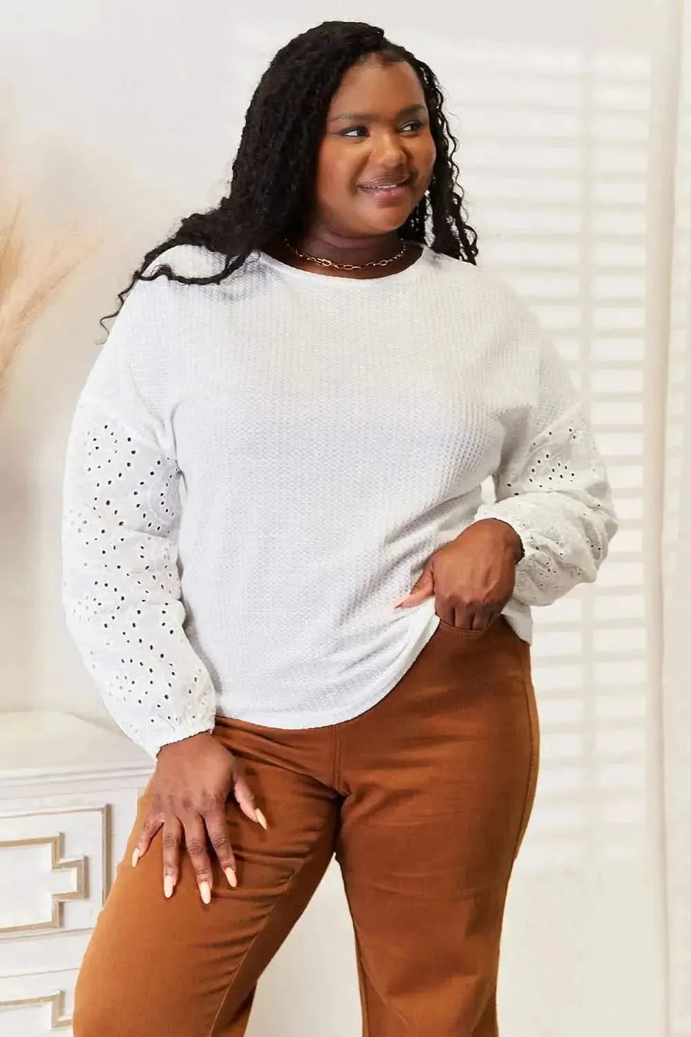 Shiny Eyelet Dropped Shoulder Round Neck Blouse - Bad Moms Club