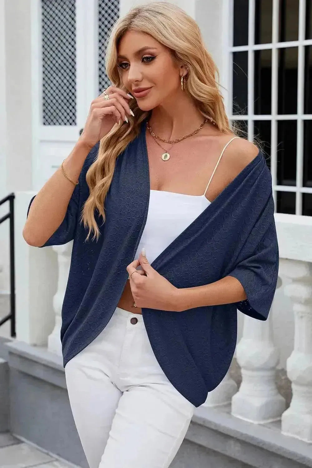 Eyelet Open Front Half Sleeve Cardigan - Bad Moms Club