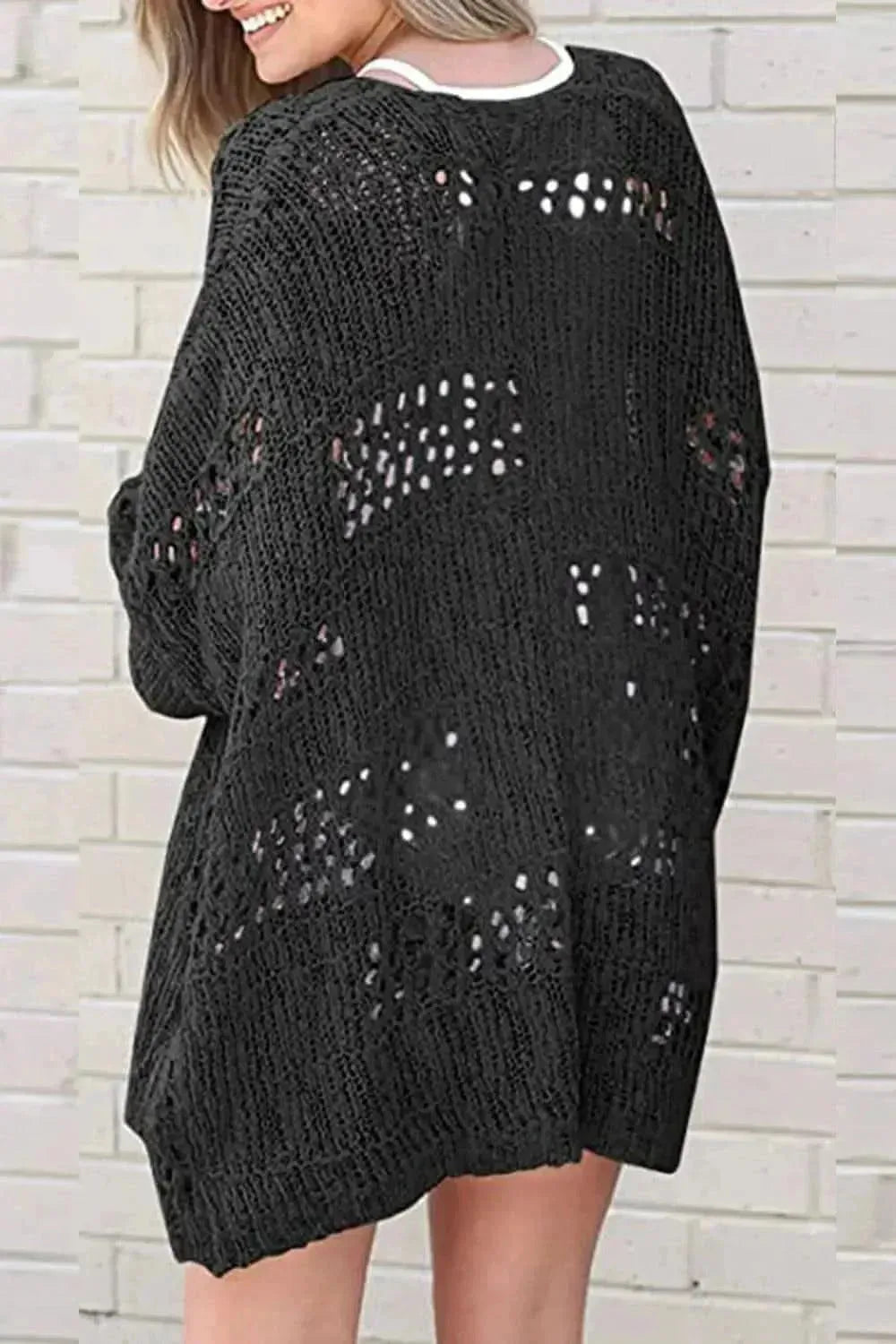 Openwork Open Front Long Sleeve Cardigan - Bad Moms Club