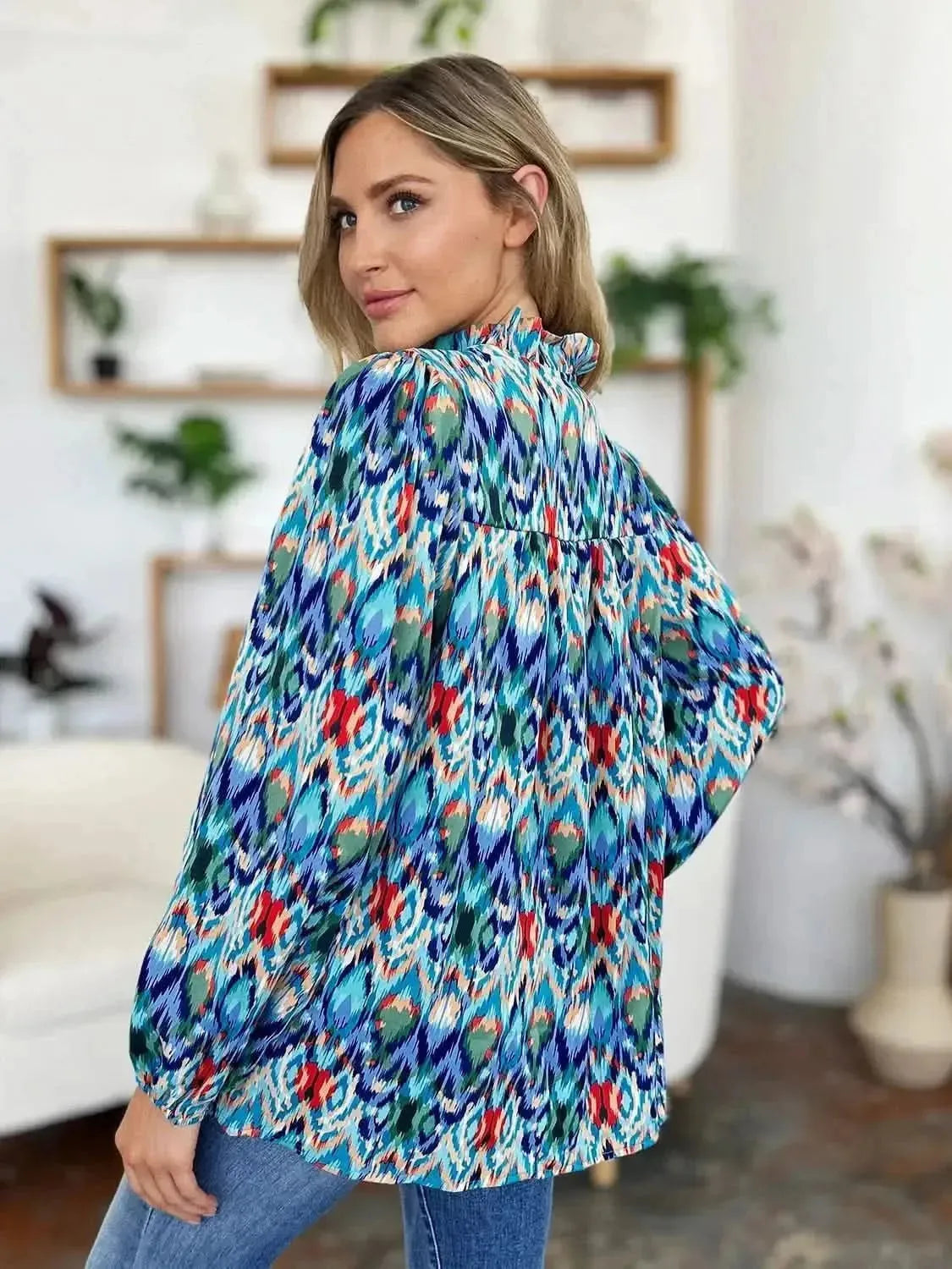Double Take Full Size Printed Balloon Sleeve Blouse - Bad Moms Club