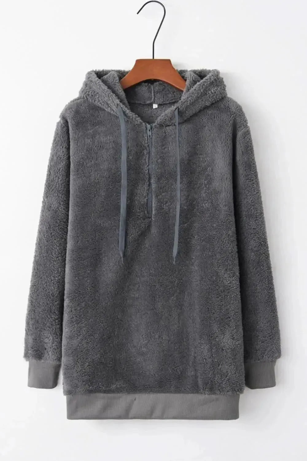 Full Size Quarter-Zip Drawstring Teddy Hoodie - Bad Moms Club