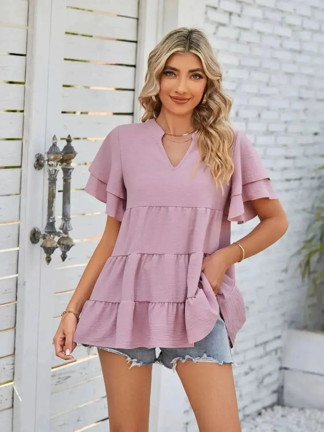 Tiered Notched Short Sleeve Blouse - Bad Moms Club
