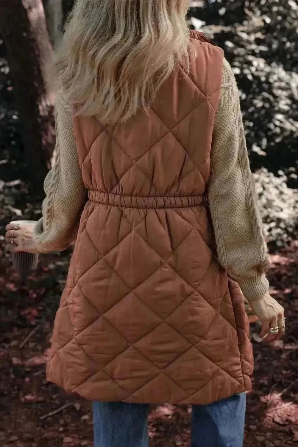 Pocketed Zipper and Button Vest Coat - Bad Moms Club