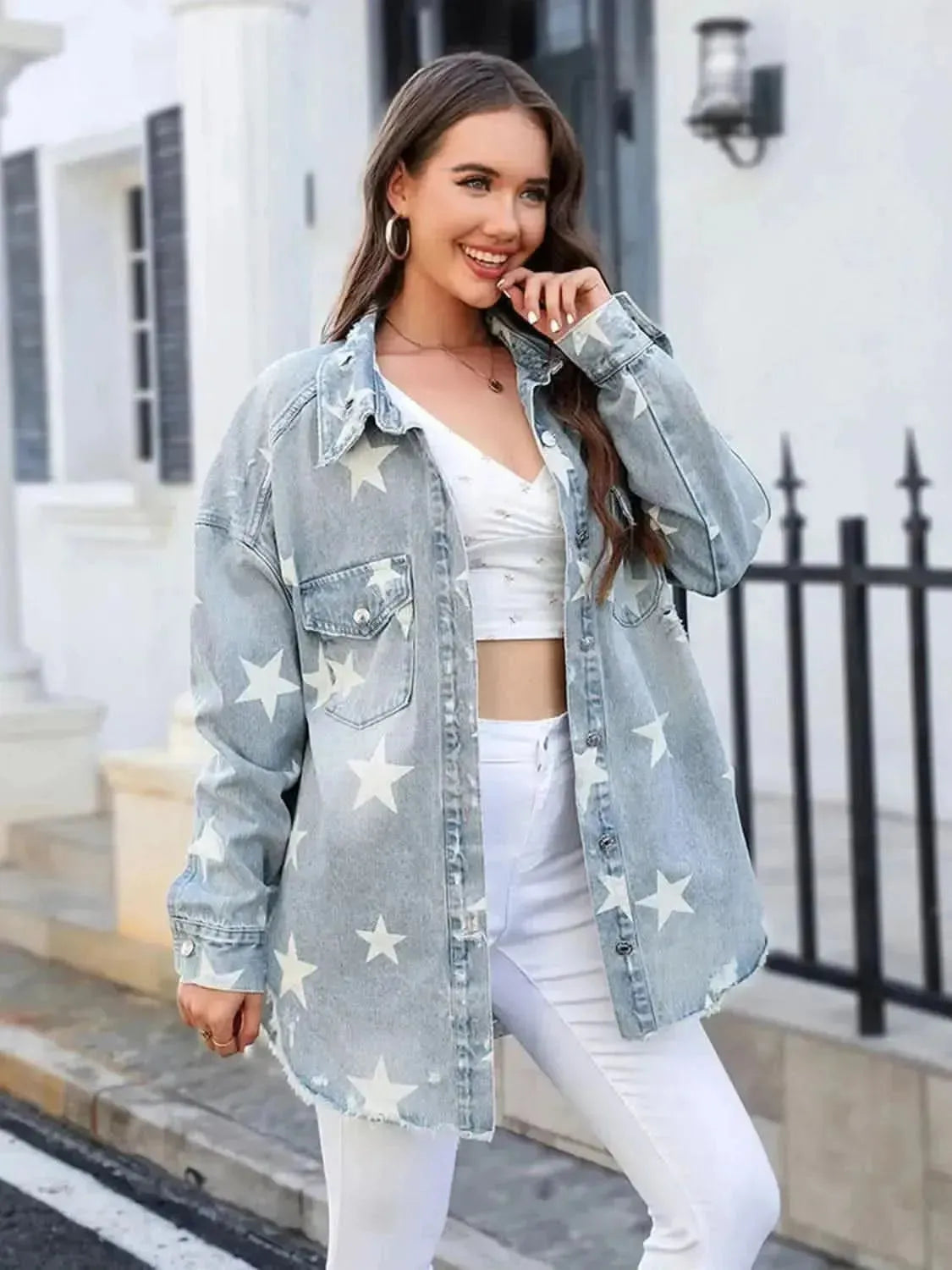 Star Denim Jacket with Pockets - Bad Moms Club