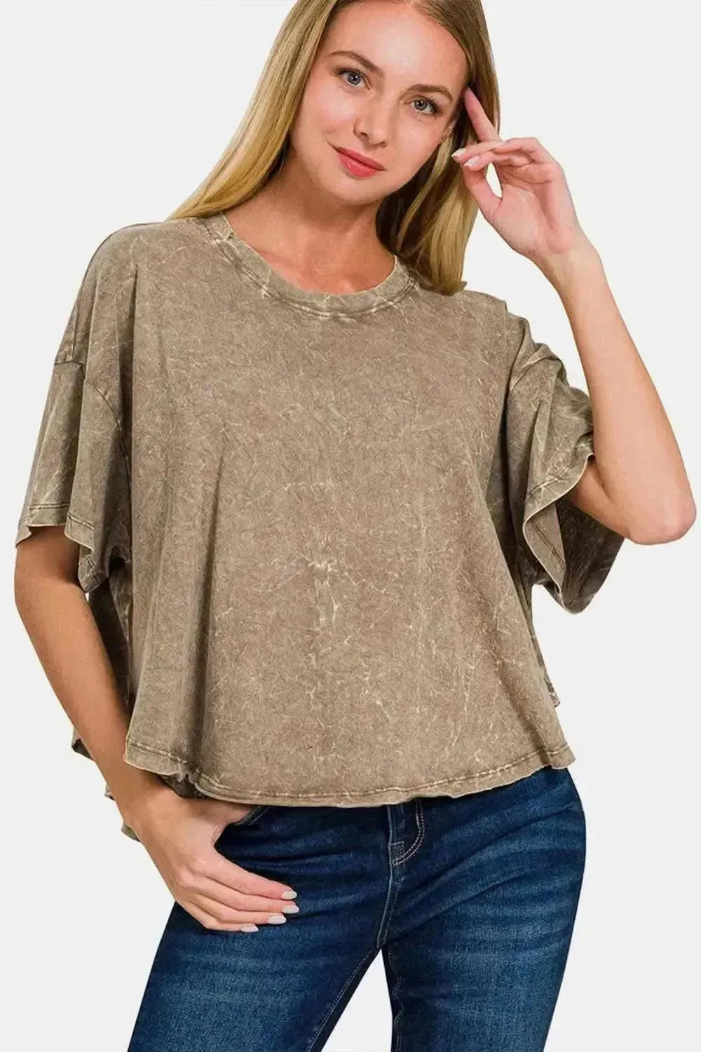 Zenana Washed Round Neck Drop Shoulder Cropped T-Shirt - Bad Moms Club