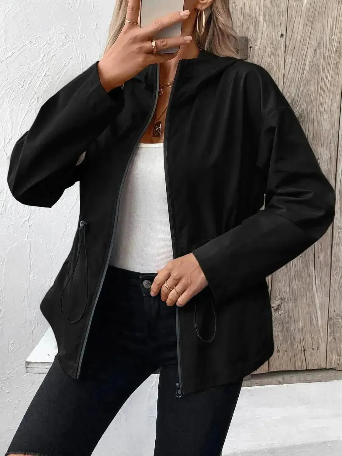 Drawstring Zip Up Hooded Jacket - Bad Moms Club
