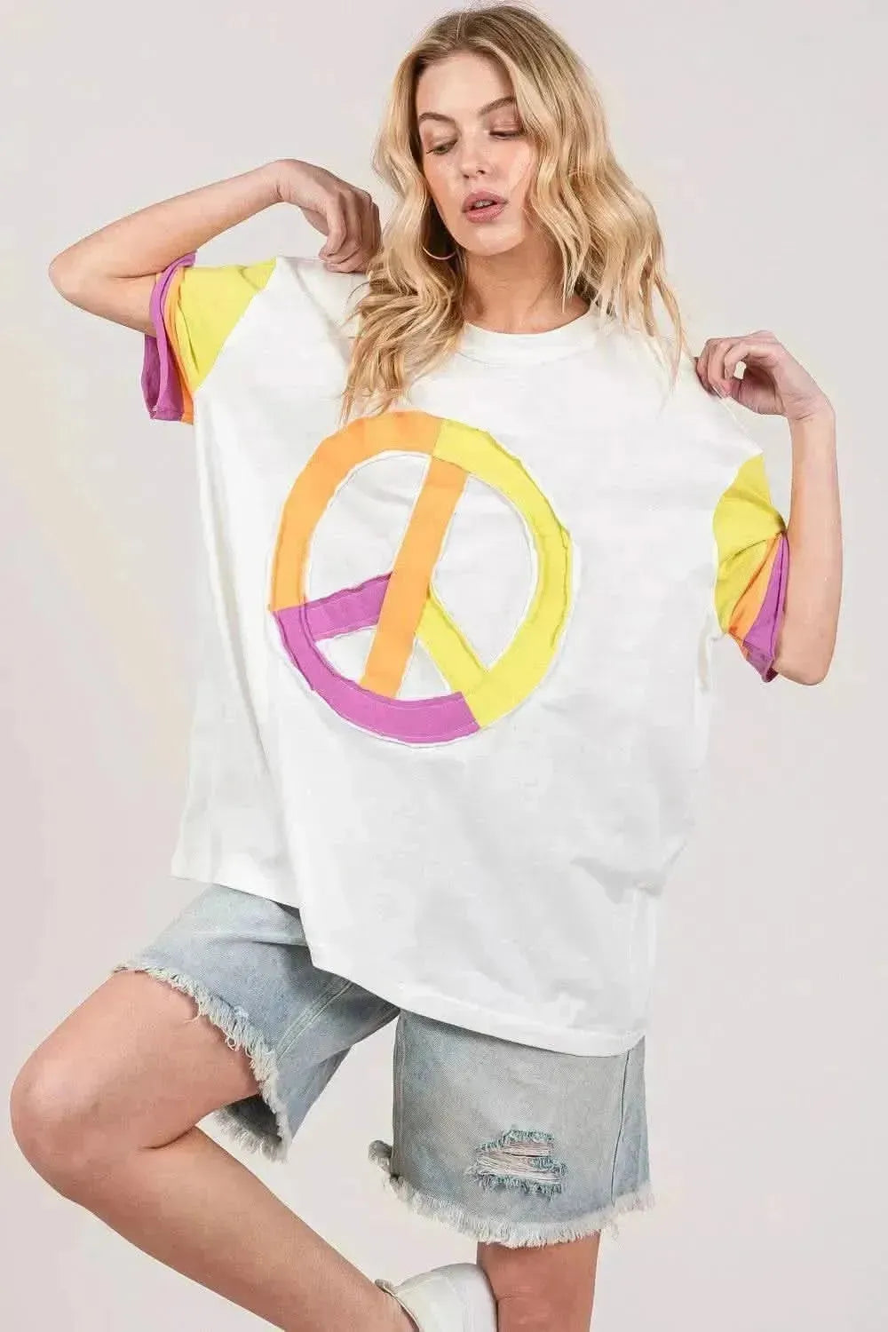 SAGE + FIG Color Block Peace Applique T-Shirt - Bad Moms Club