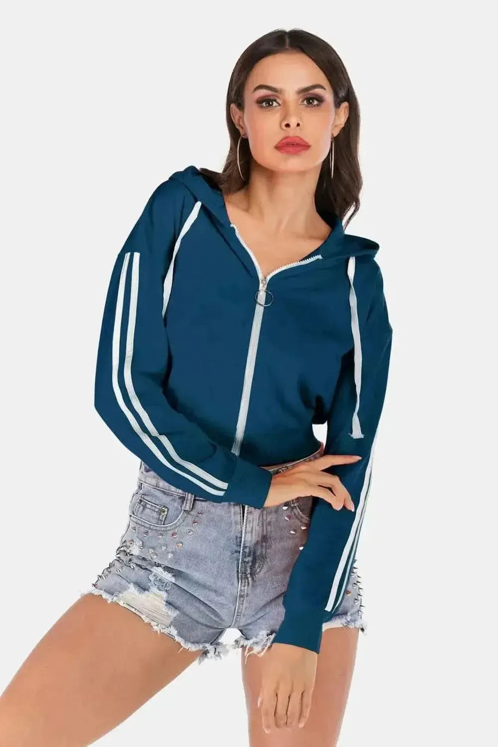 Perfee Side Stripe Drawstring Cropped Hooded Jacket - Bad Moms Club