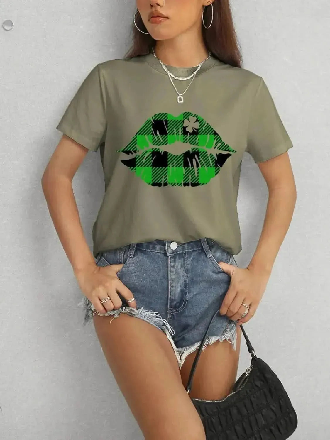 Plaid Lip Graphic Round Neck T-Shirt - Bad Moms Club