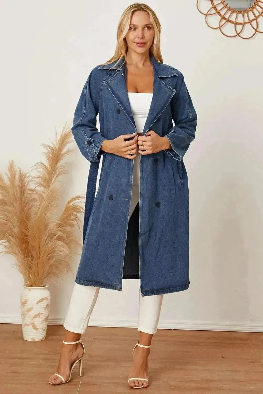 MeiMei Double-Breasted Belted Longline Denim Jacket - Bad Moms Club