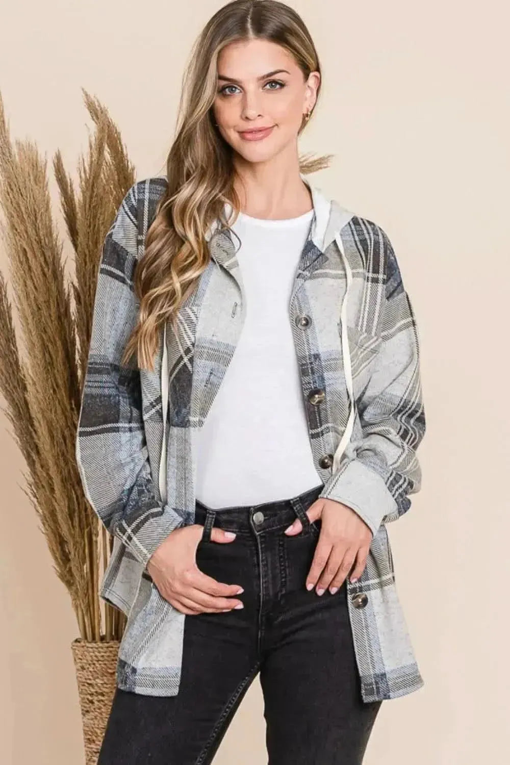 Reborn J Plaid Button Up Drawstring Hooded Jacket - Bad Moms Club