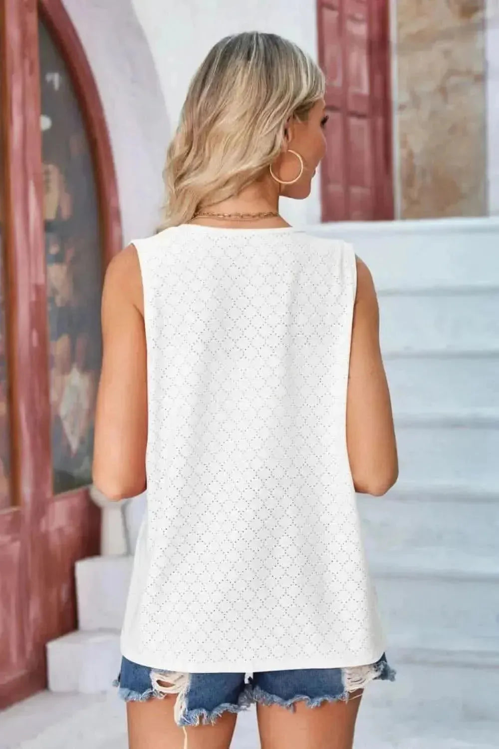 Eyelet Open Front Sleeveless Cardigan - Bad Moms Club
