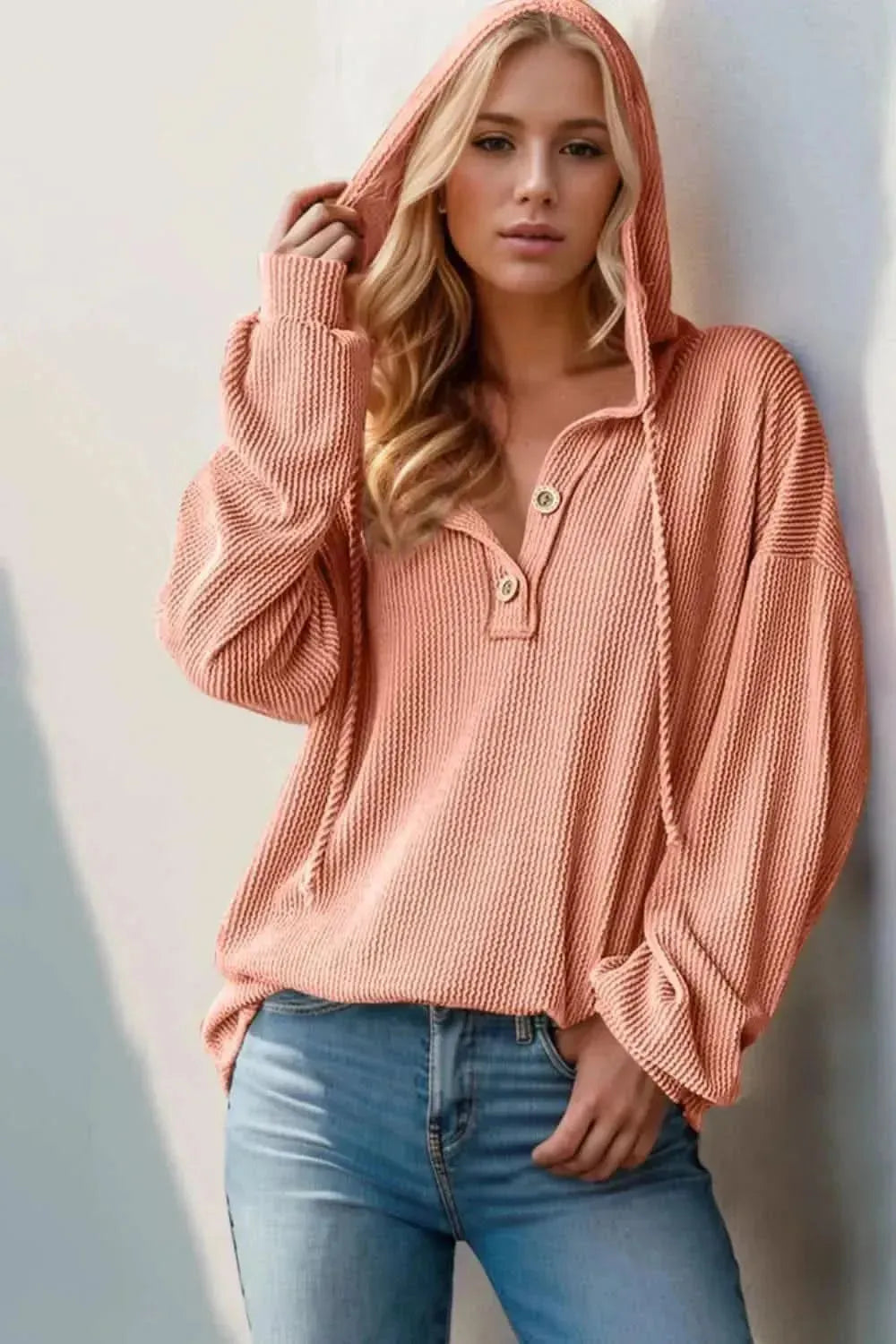 Double Take Full Size Half Button Long Sleeve Hoodie - Bad Moms Club