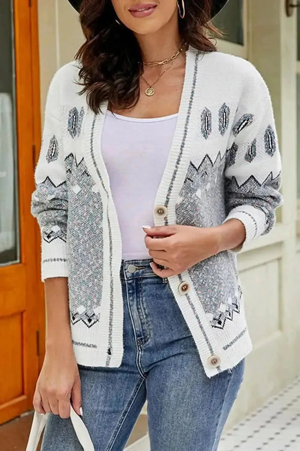 Printed V-Neck Buttoned Cardigan - Bad Moms Club