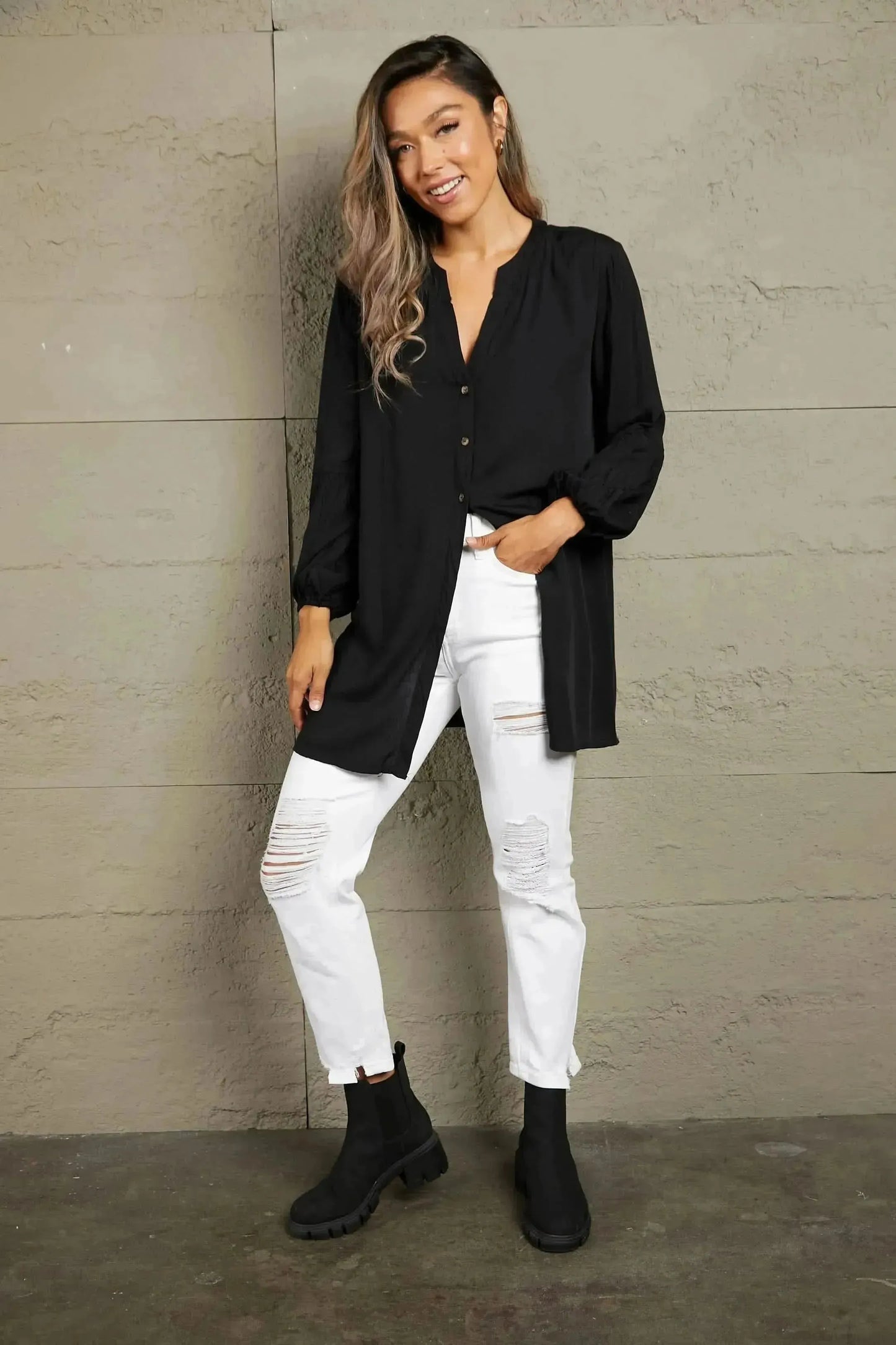Ivy Lane Notched Neck Balloon Sleeve Shirt - Bad Moms Club