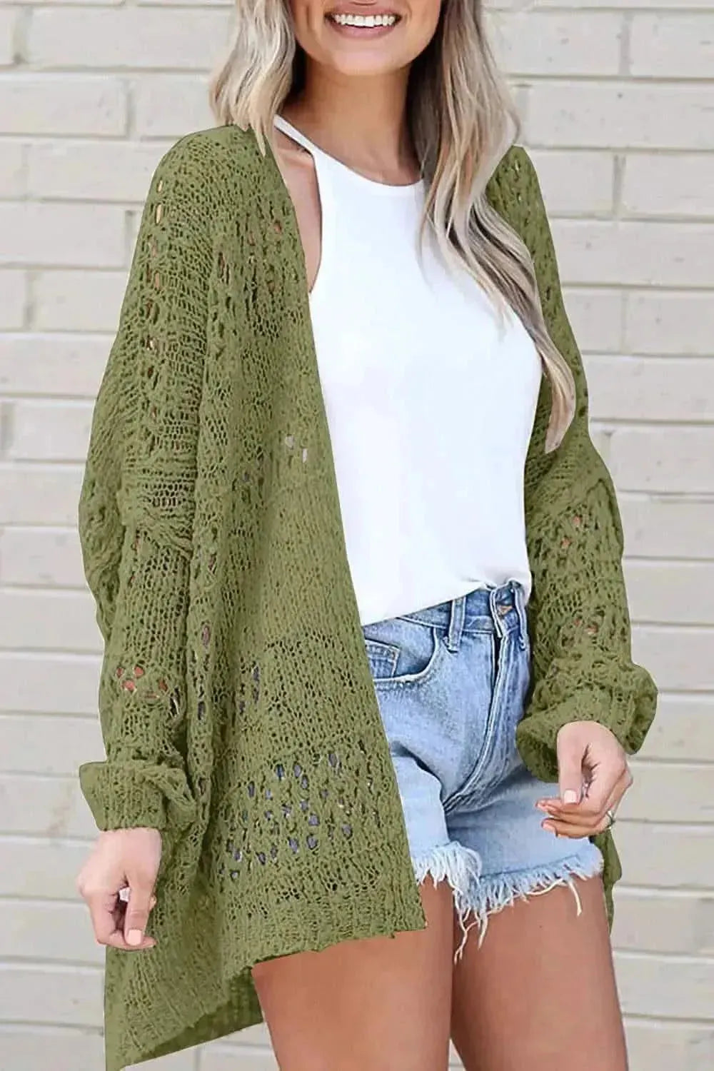 Openwork Open Front Long Sleeve Cardigan - Bad Moms Club