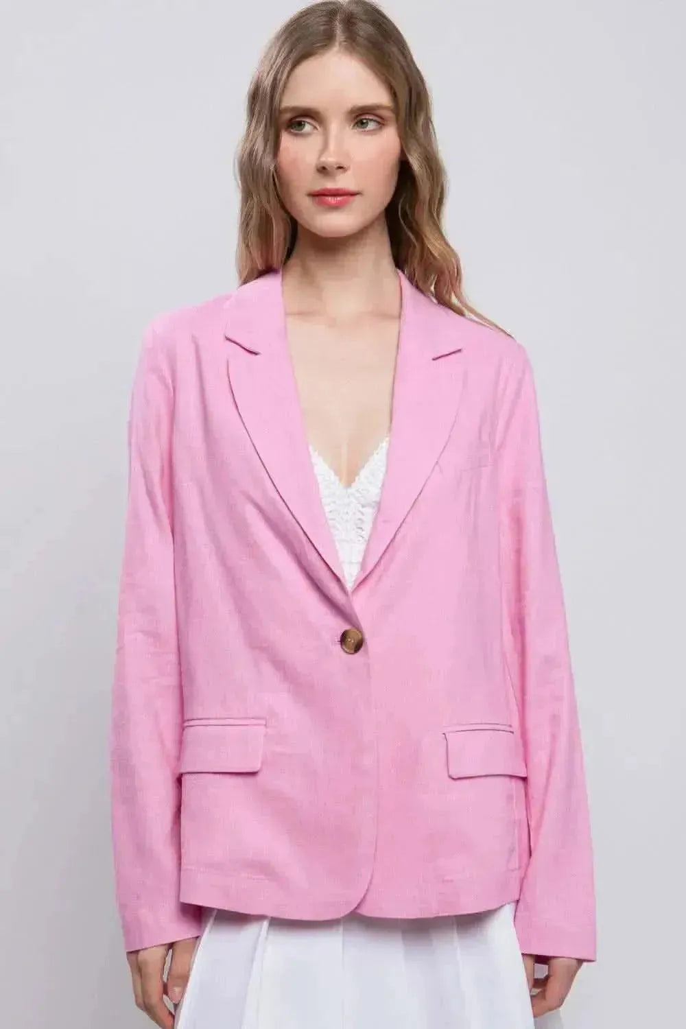 Love Tree One-Button Long Sleeve Linen Blazer - Bad Moms Club