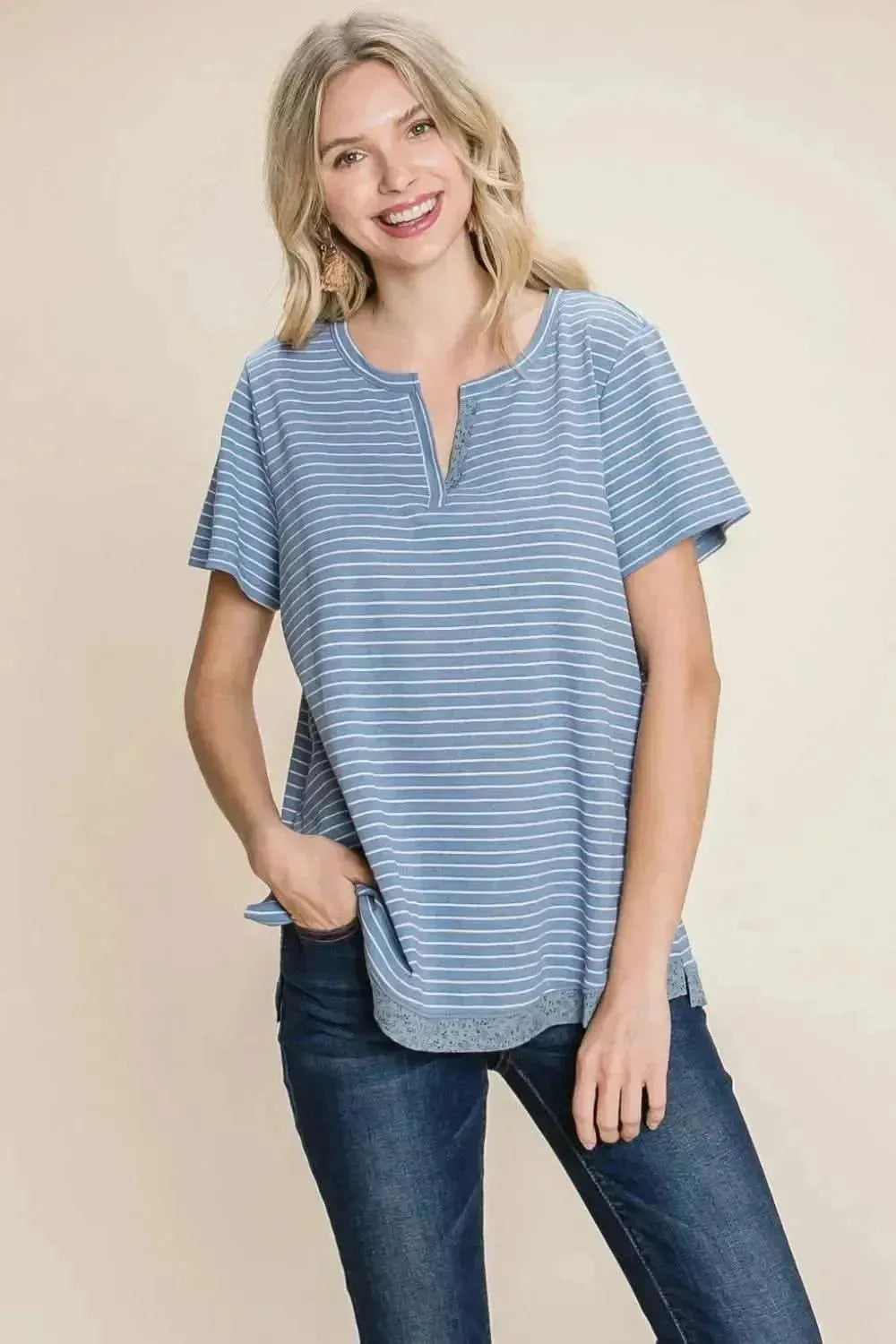 Cotton Bleu by Nu Lab Slit Striped Notched Short Sleeve T-Shirt - Bad Moms Club