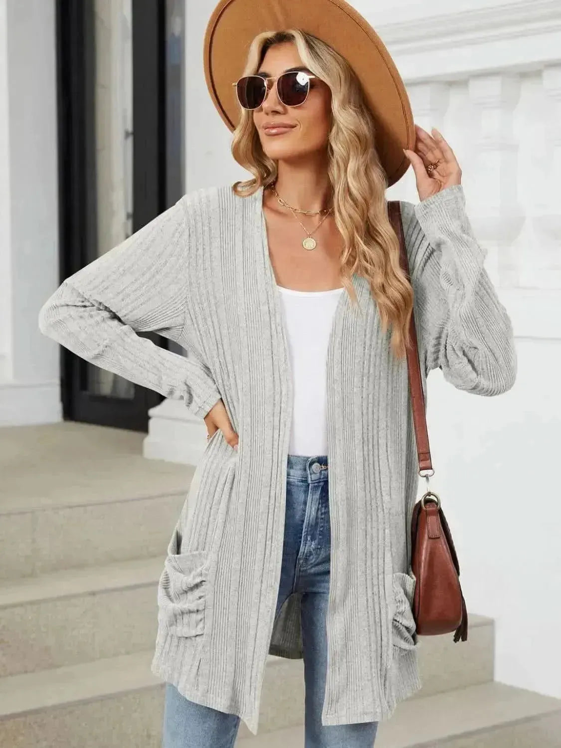 Pocketed Open Front Long Sleeve Cardigan - Bad Moms Club