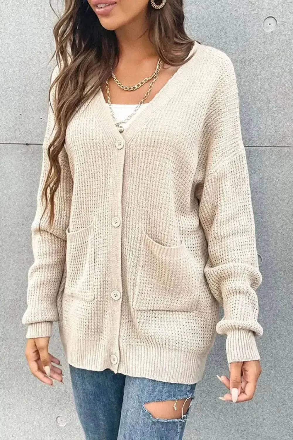 Button Front Drop Shoulder Waffle Cardigan - Bad Moms Club