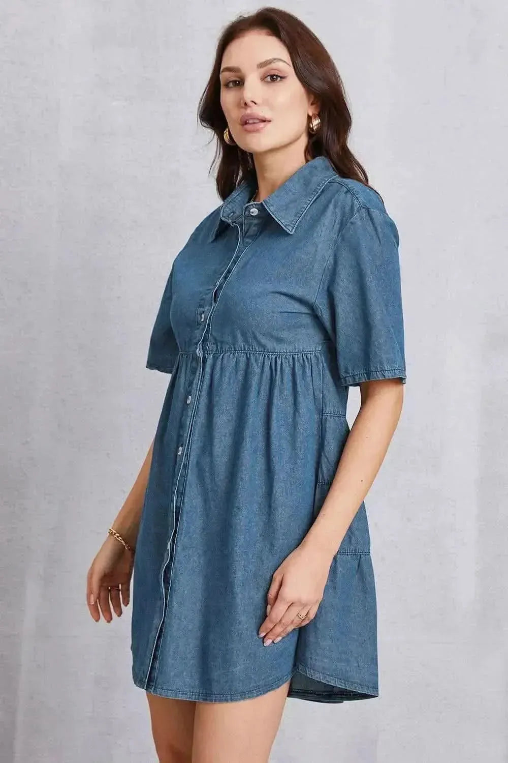 Button Up Collared Neck Tiered Denim Dress - Bad Moms Club
