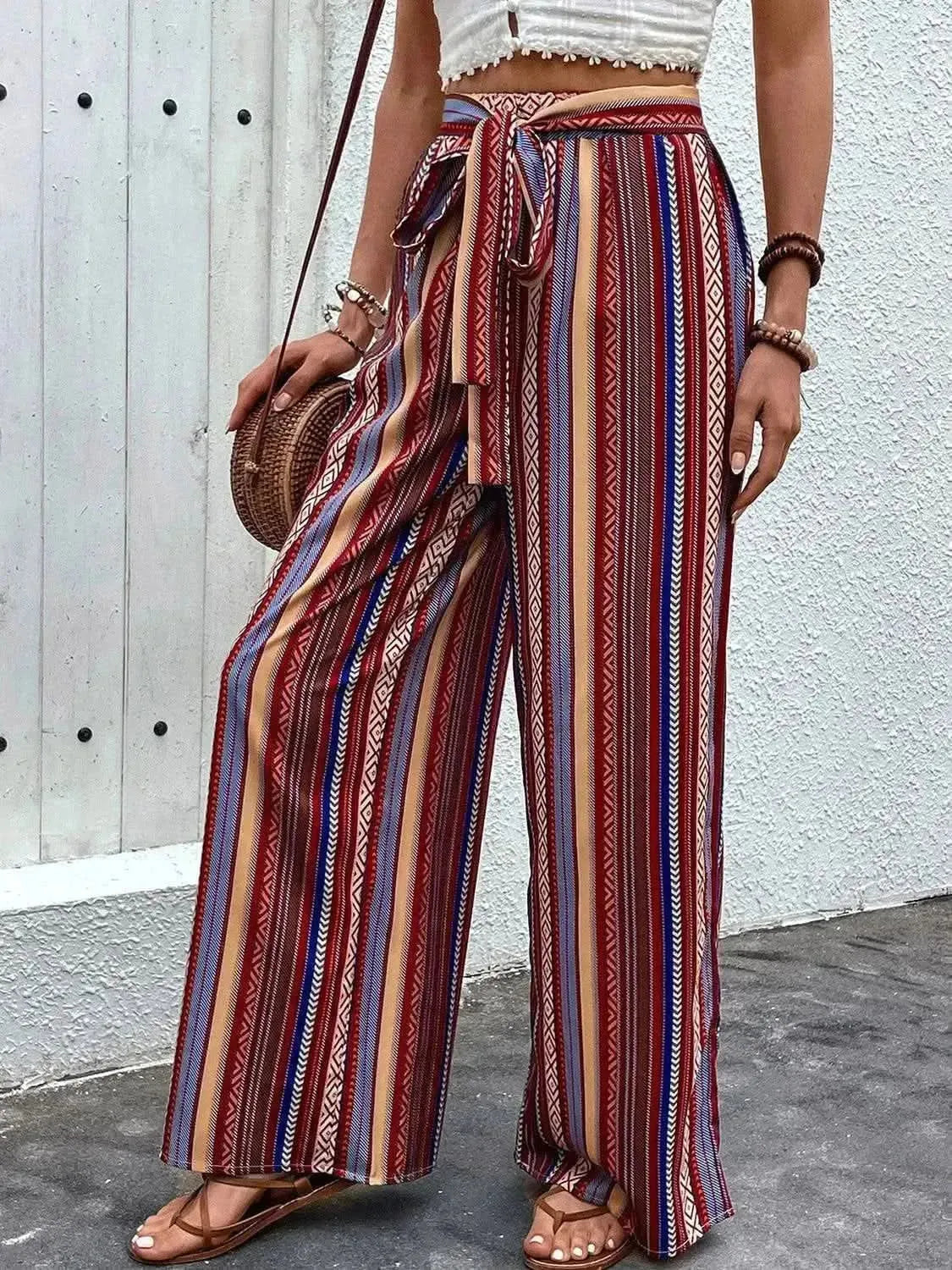 Perfee Tied Geometric Wide Leg Pants - Bad Moms Club