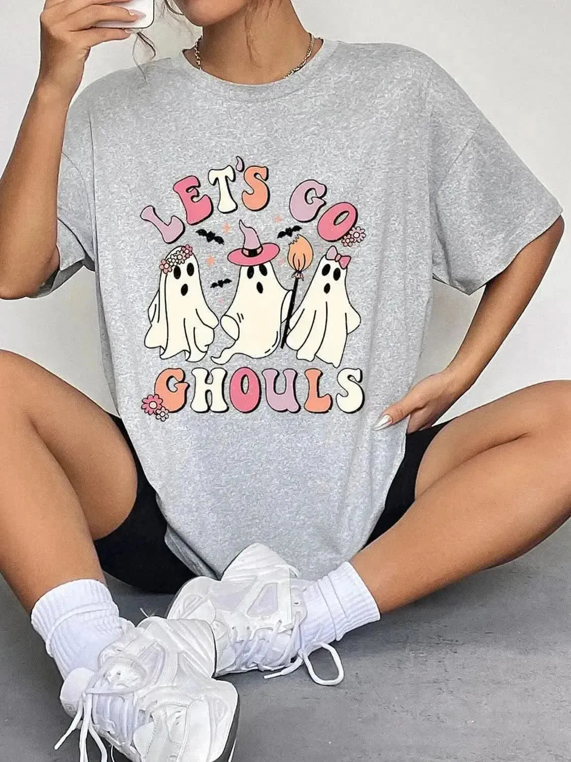 Round Neck Short Sleeve LET'S GO GHOULS Graphic T-Shirt - Bad Moms Club