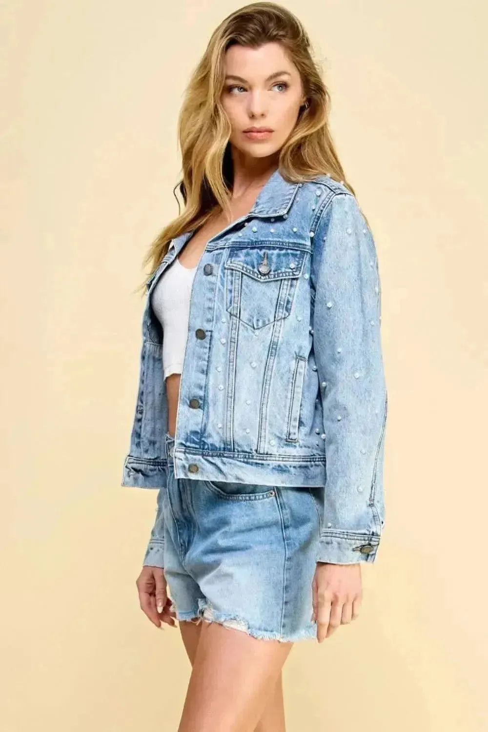 Veveret Button Up Pearl Detail Long Sleeve Denim Jacket - Bad Moms Club