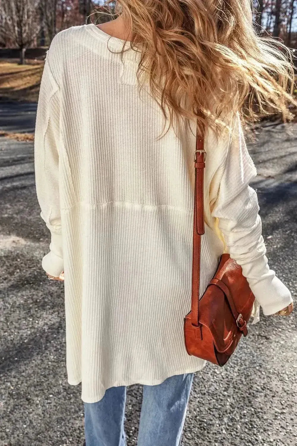 Exposed Seam Round Neck Long Sleeve Blouse - Bad Moms Club