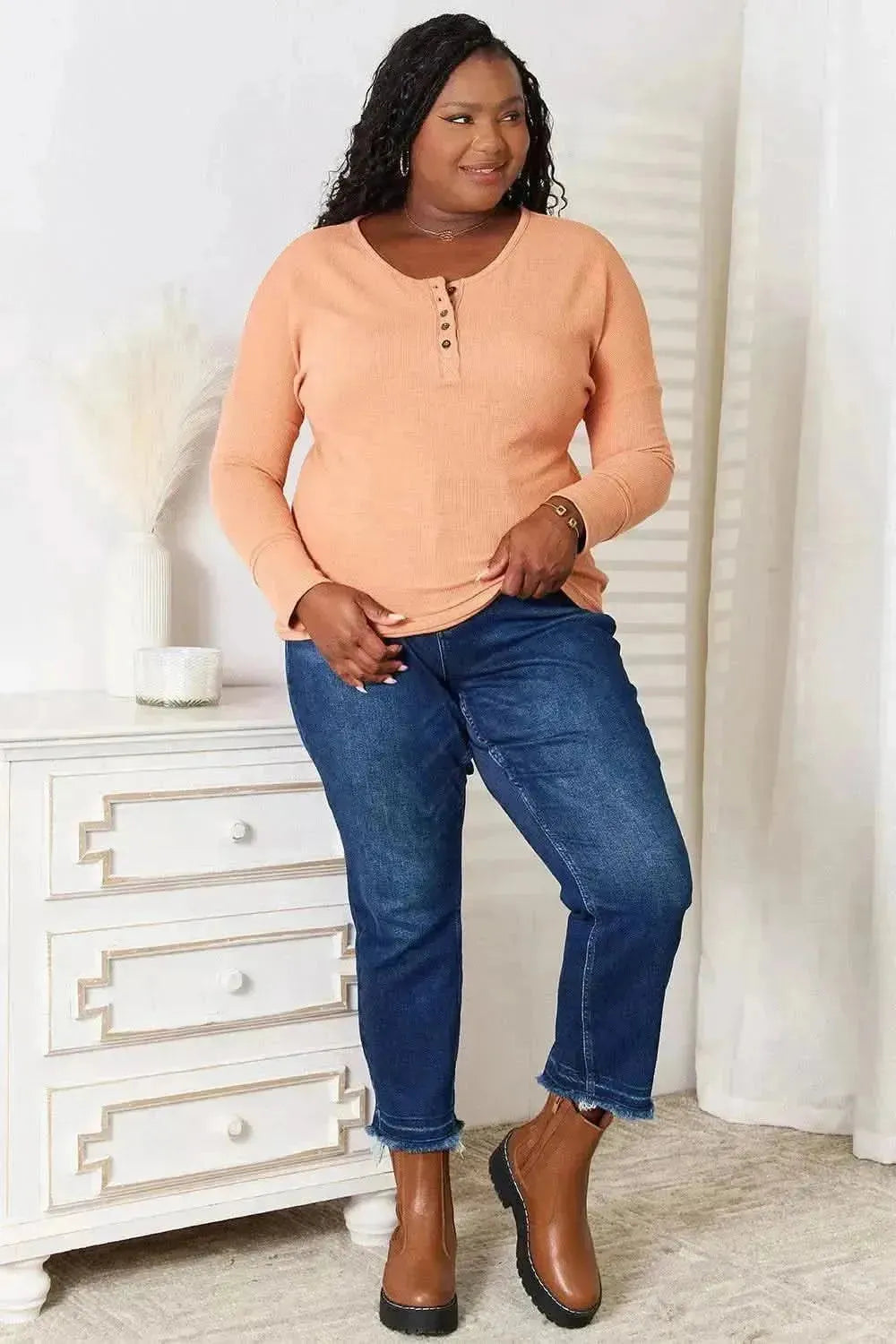 Basic Bae Half Button Long Sleeve Top - Bad Moms Club