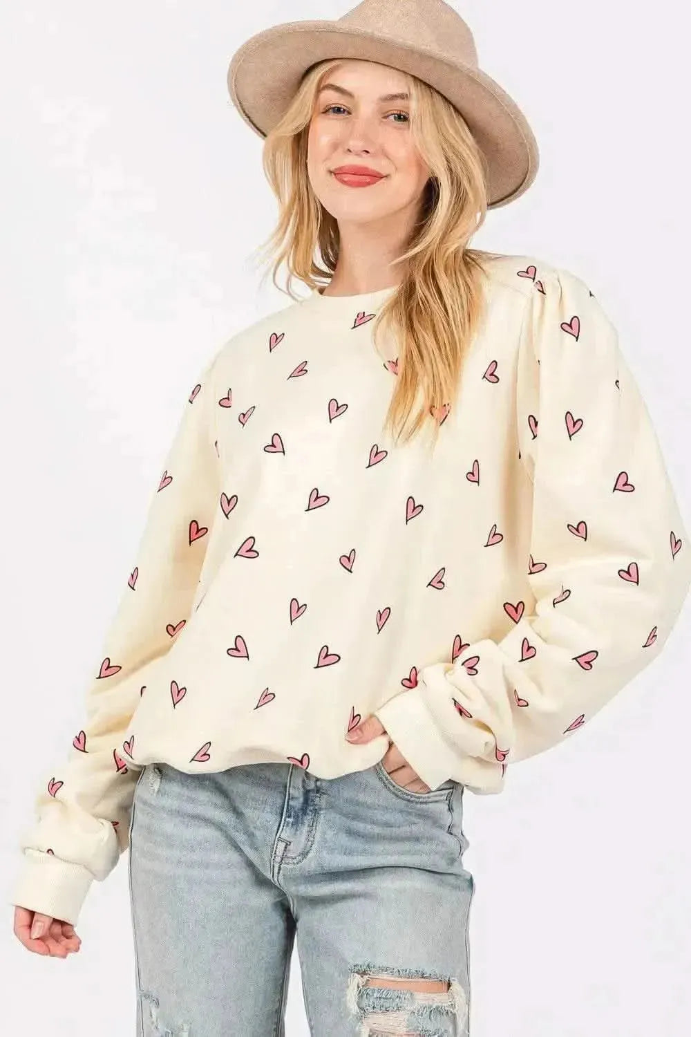 SAGE + FIG Heart Printed Contrast Long Sleeve Sweatshirt - Bad Moms Club