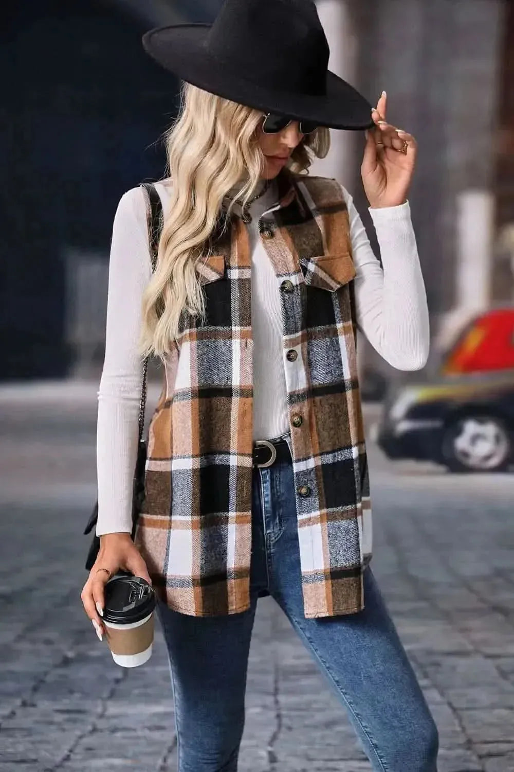 Plaid Button Up Vest Coat - Bad Moms Club