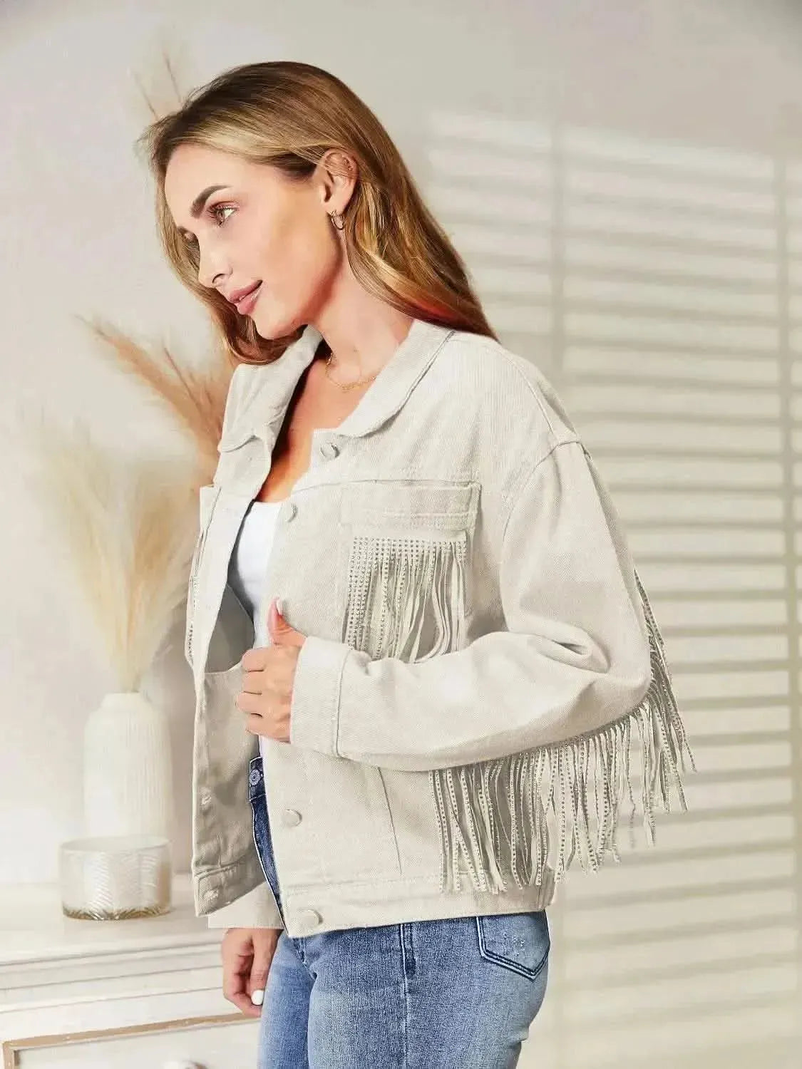 Fringe Detail Dropped Shoulder Denim Jacket - Bad Moms Club