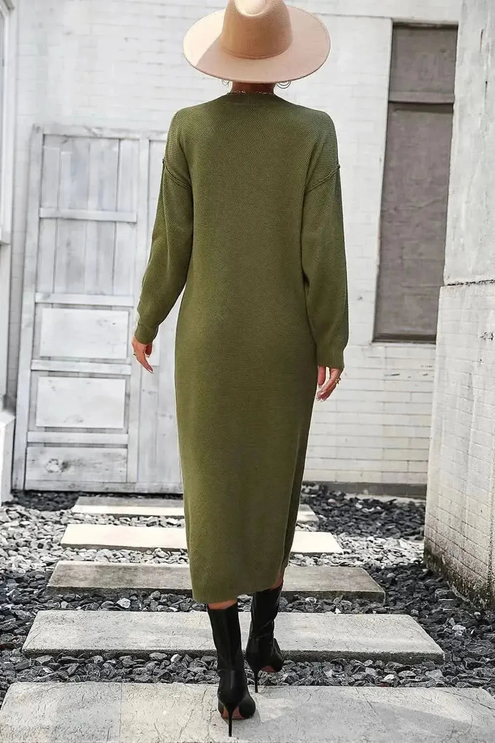 Decorative Button Notched Dropped Shoulder Sweater Dress - Bad Moms Club
