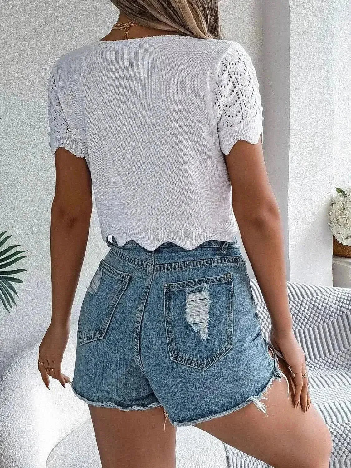 Tied Openwork Short Sleeve Cardigan - Bad Moms Club
