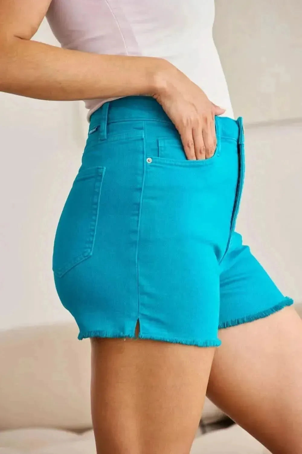 RFM Tummy Control High Waist Raw Hem Denim Shorts - Bad Moms Club