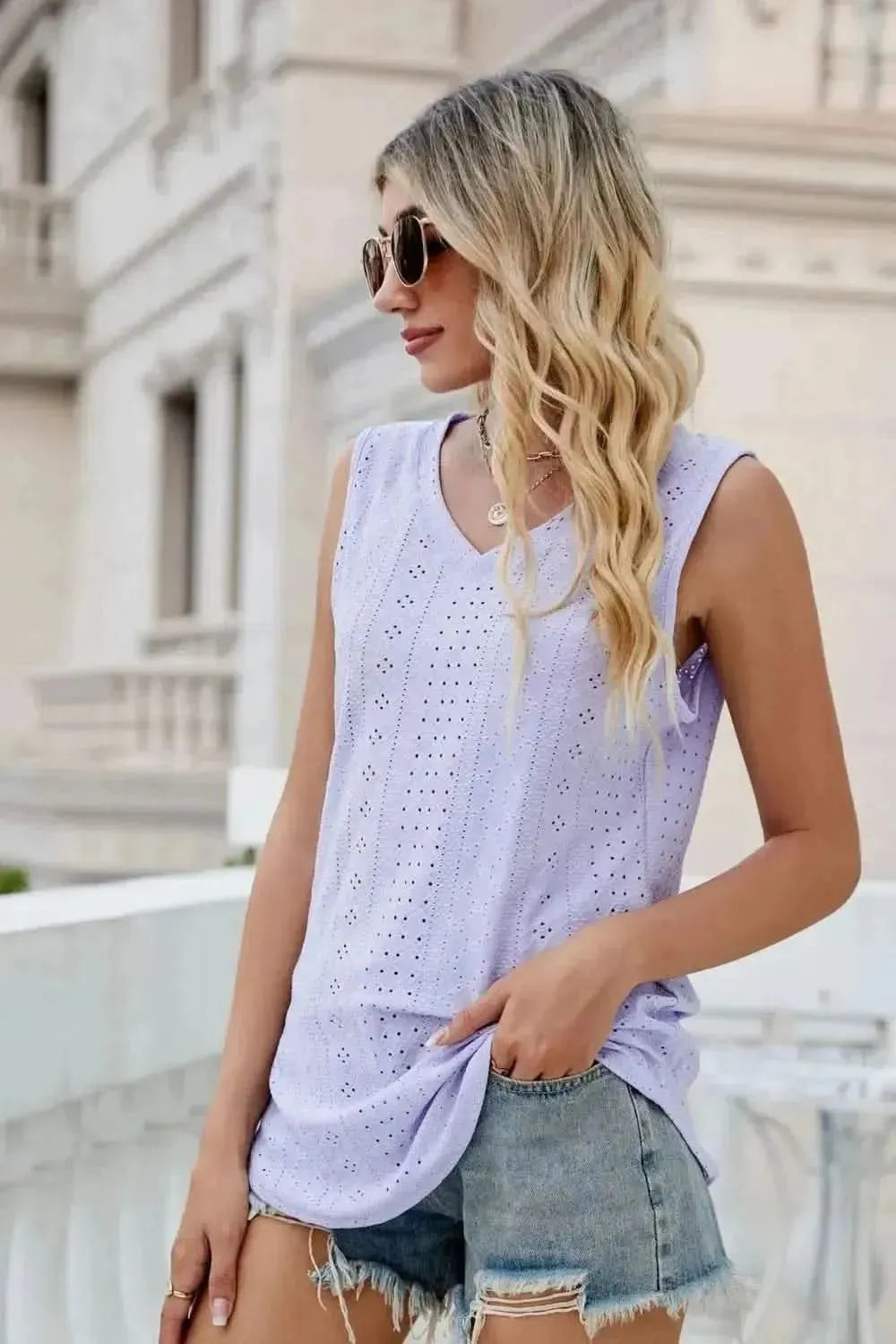 Eyelet V-Neck Tank - Bad Moms Club