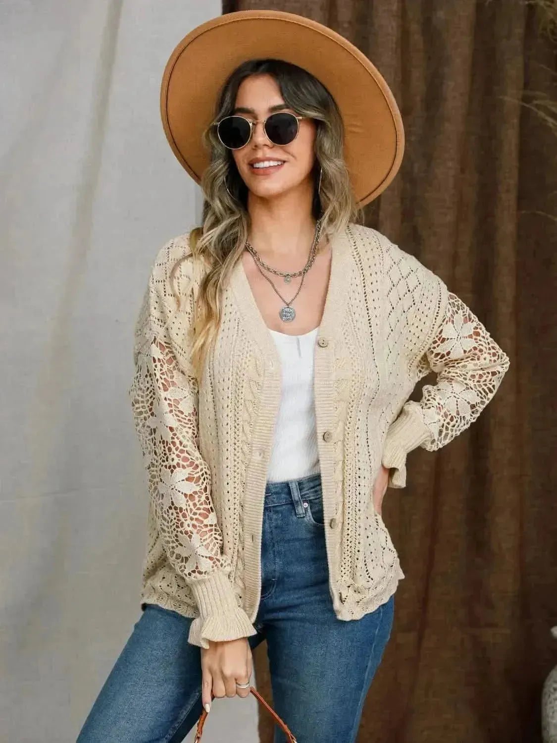 Eyelet Button Up Lantern Sleeve Cardigan - Bad Moms Club
